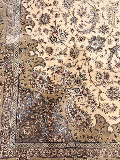 7×10 ft Silk Rug – Ivory & Beige Medallion Area Rug, Elegant Neutral Floral Turkish Design, Luxury Large Rug