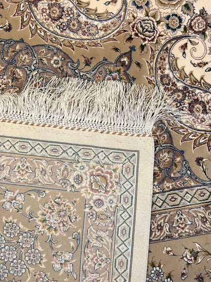 7×10 ft Silk Rug – Ivory & Beige Medallion Area Rug, Elegant Neutral Floral Turkish Design, Luxury Large Rug