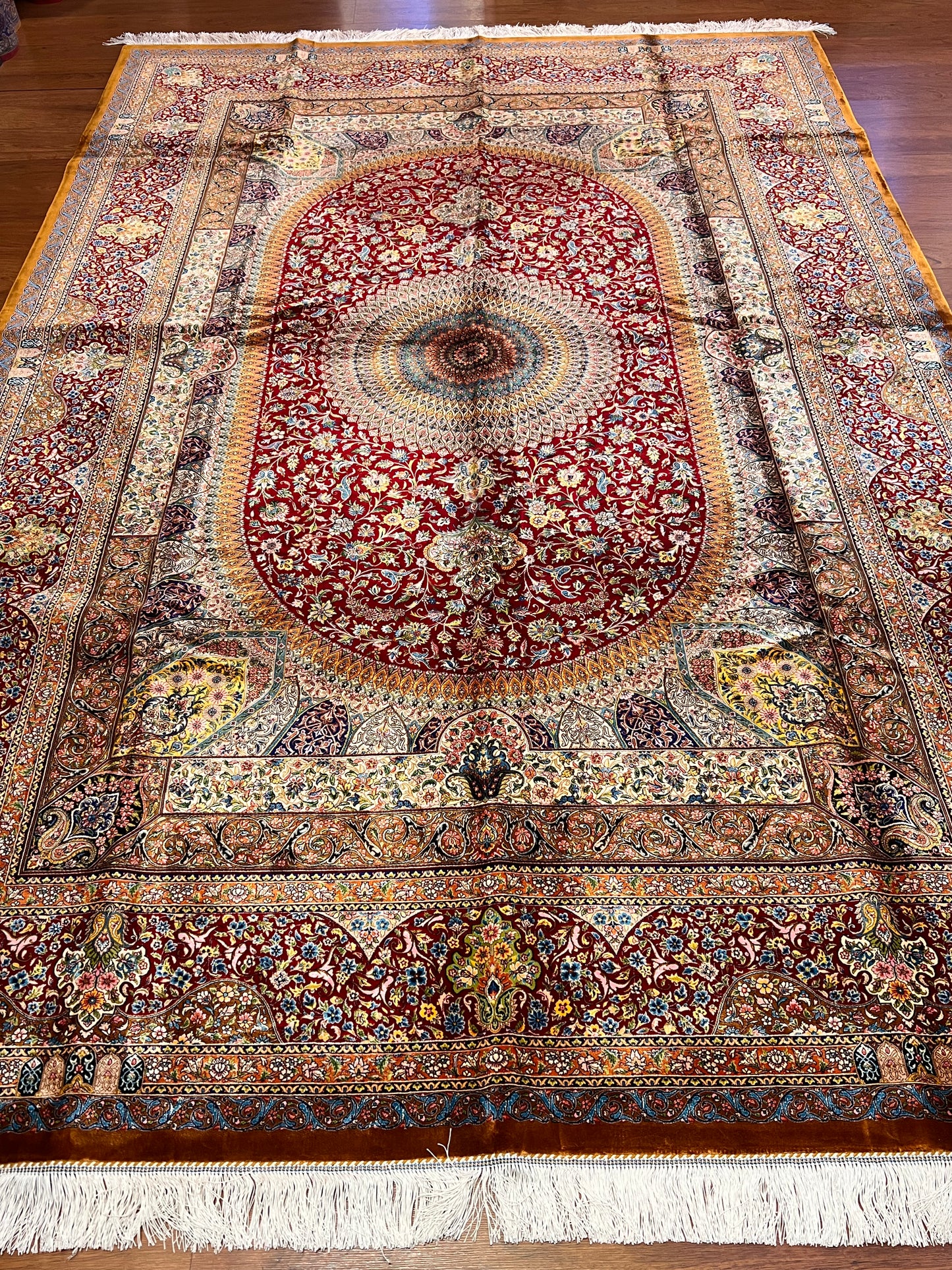 7x10 ft Red Silk Rug – Burgundy, Gold & Ivory Floral Medallion Area Rug, Ornate Luxury Statement Design