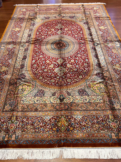 7x10 ft Red Silk Rug – Burgundy, Gold & Ivory Floral Medallion Area Rug, Ornate Luxury Statement Design