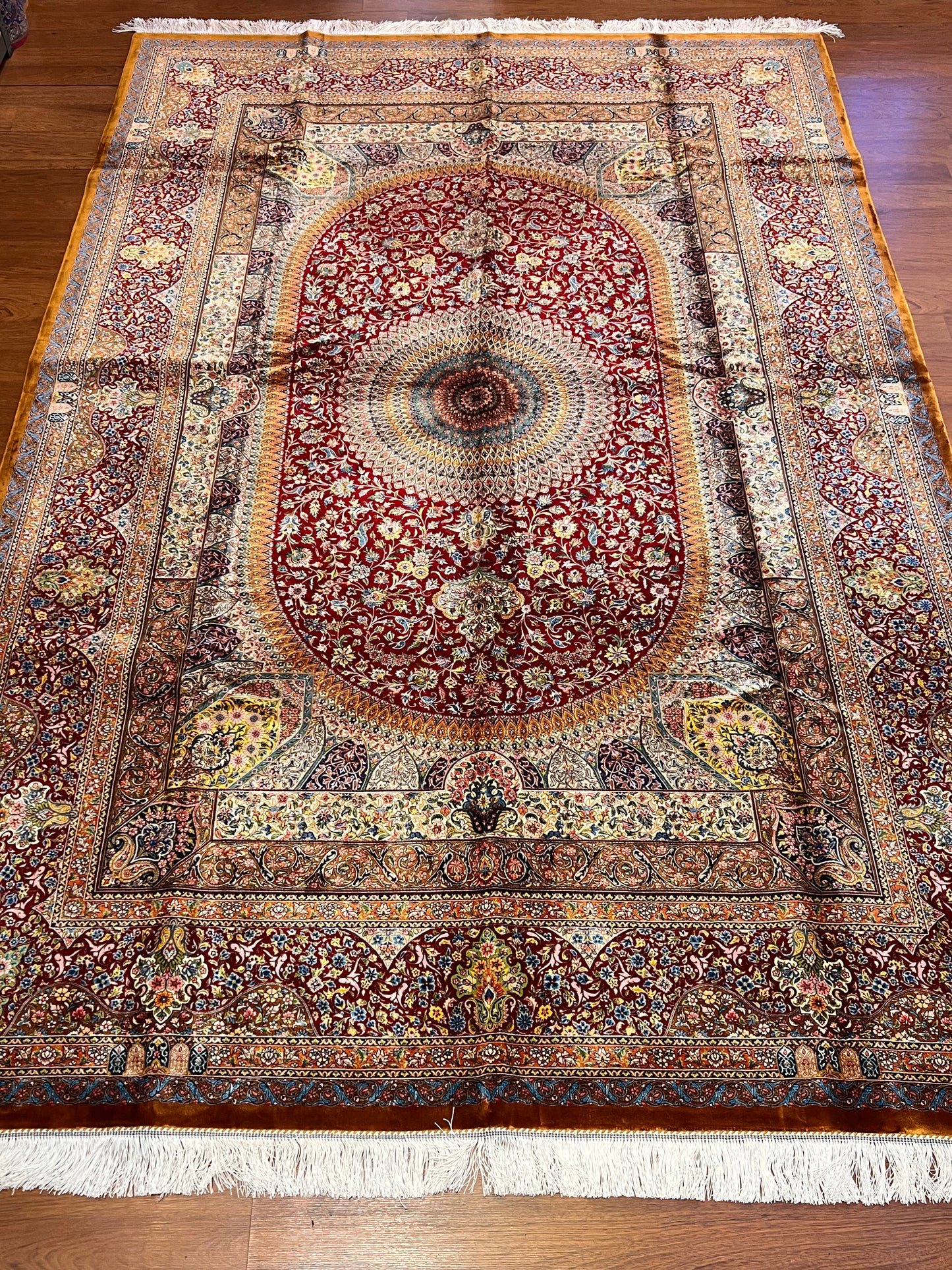 7x10 ft Red Silk Rug – Burgundy, Gold & Ivory Floral Medallion Area Rug, Ornate Luxury Statement Design