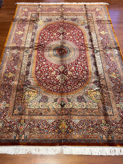 7x10 ft Red Silk Rug – Burgundy, Gold & Ivory Floral Medallion Area Rug, Ornate Luxury Statement Design