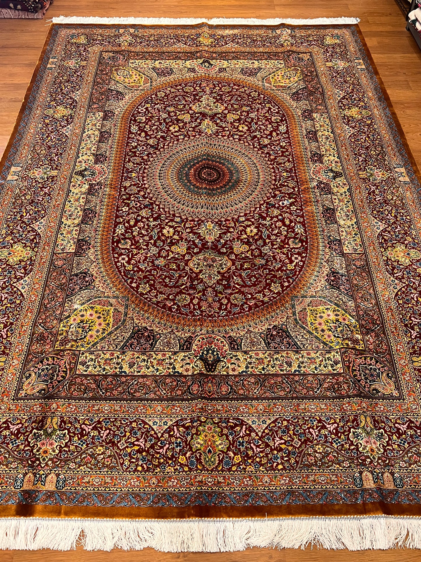7x10 ft Red Silk Rug – Burgundy, Gold & Ivory Floral Medallion Area Rug, Ornate Luxury Statement Design