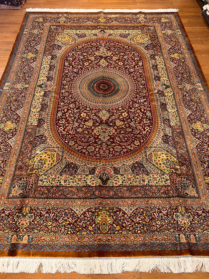 7x10 ft Red Silk Rug – Burgundy, Gold & Ivory Floral Medallion Area Rug, Ornate Luxury Statement Design