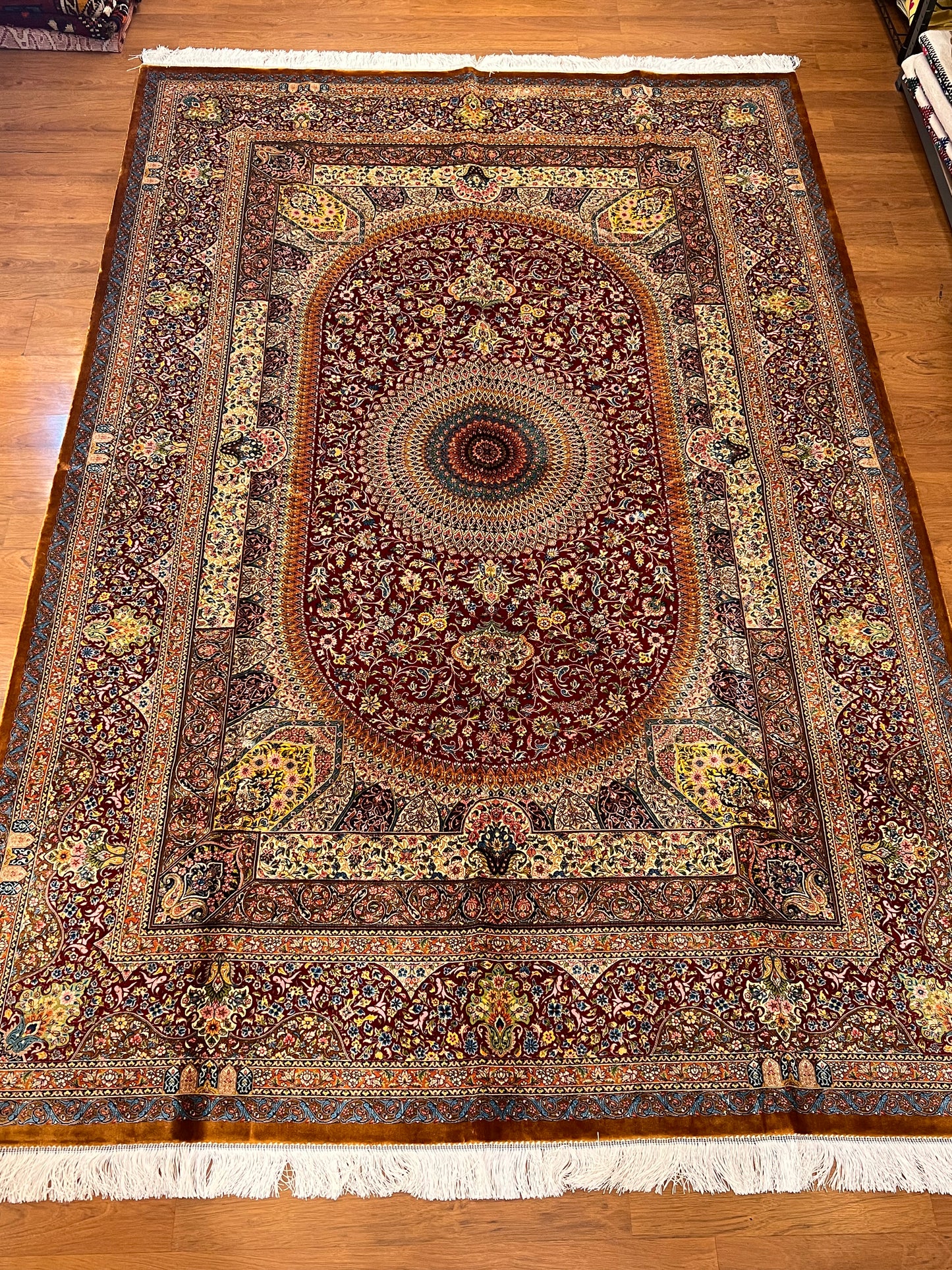 7x10 ft Red Silk Rug – Burgundy, Gold & Ivory Floral Medallion Area Rug, Ornate Luxury Statement Design