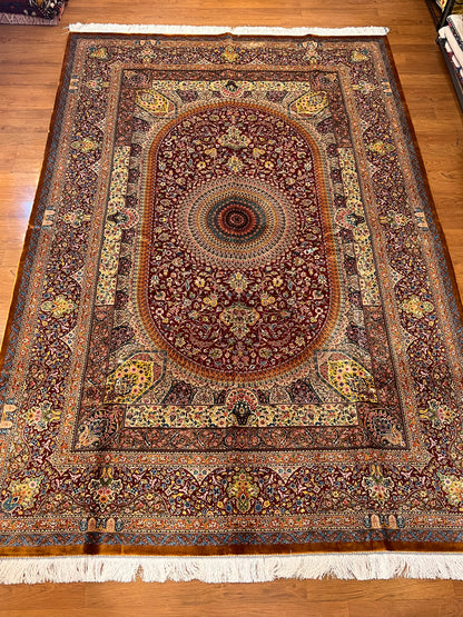 7x10 ft Red Silk Rug – Burgundy, Gold & Ivory Floral Medallion Area Rug, Ornate Luxury Statement Design