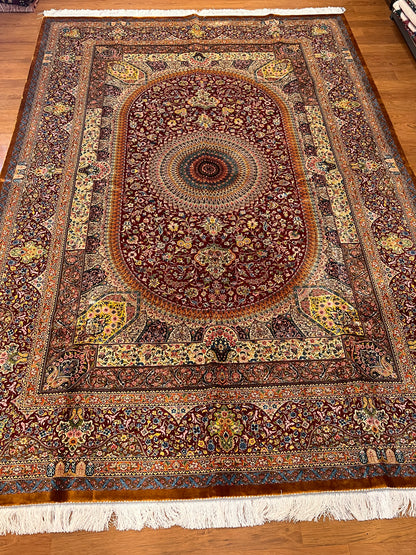 7x10 ft Red Silk Rug – Burgundy, Gold & Ivory Floral Medallion Area Rug, Ornate Luxury Statement Design