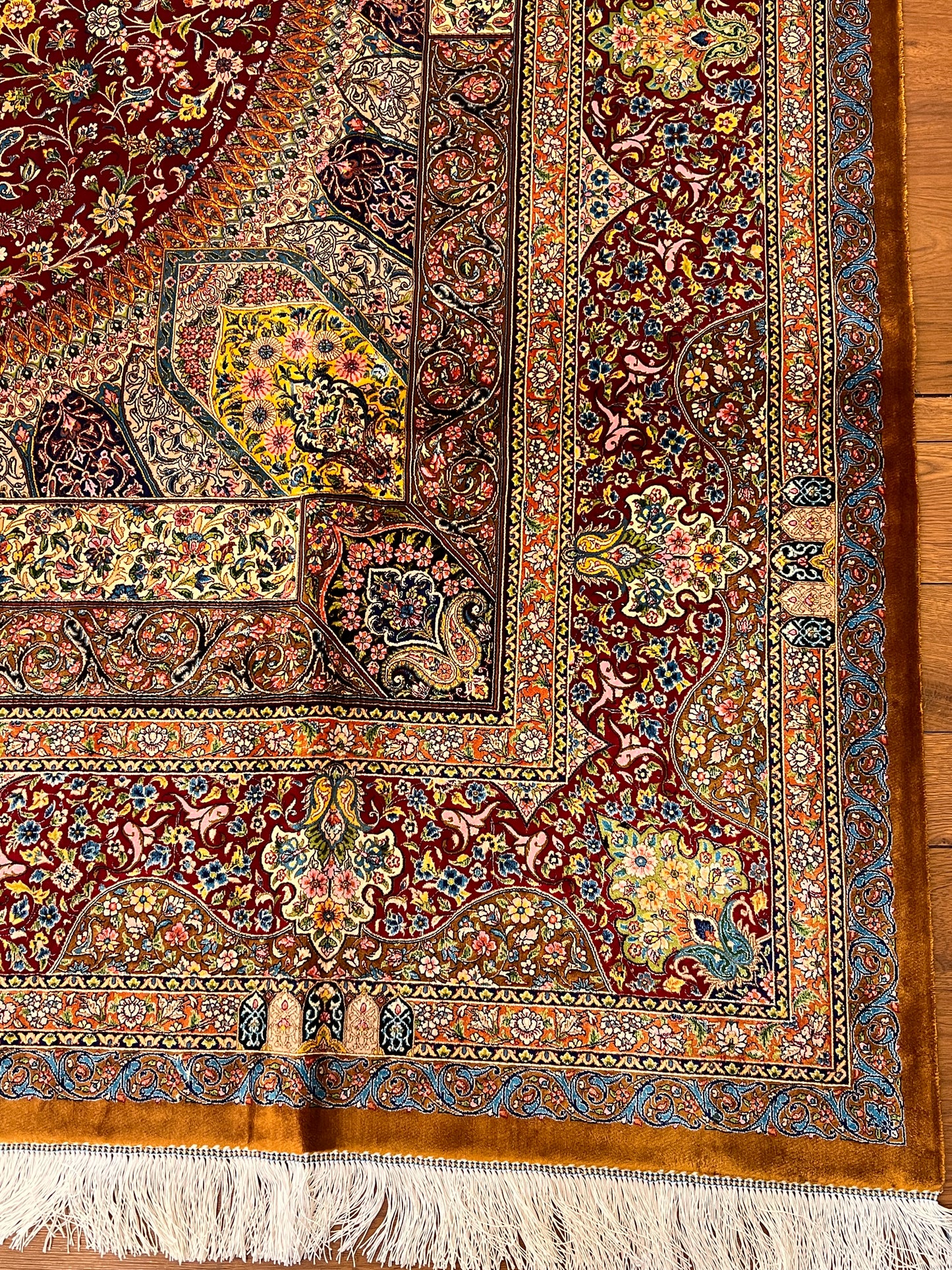 7x10 ft Red Silk Rug – Burgundy, Gold & Ivory Floral Medallion Area Rug, Ornate Luxury Statement Design