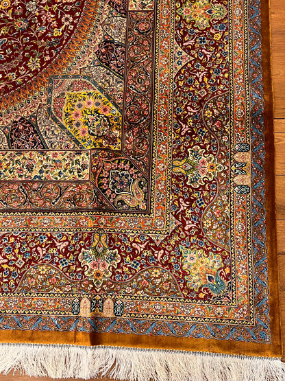 7x10 ft Red Silk Rug – Burgundy, Gold & Ivory Floral Medallion Area Rug, Ornate Luxury Statement Design
