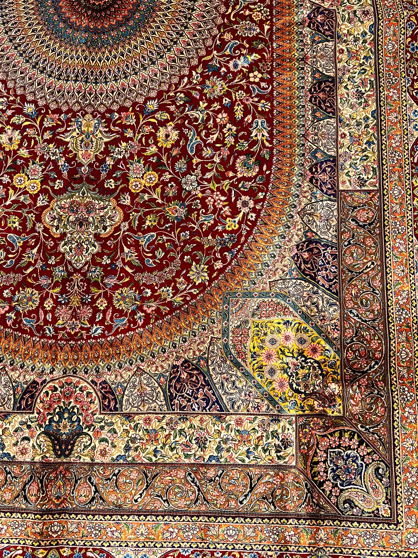 7x10 ft Red Silk Rug – Burgundy, Gold & Ivory Floral Medallion Area Rug, Ornate Luxury Statement Design