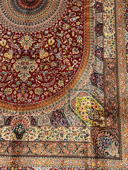 7x10 ft Red Silk Rug – Burgundy, Gold & Ivory Floral Medallion Area Rug, Ornate Luxury Statement Design