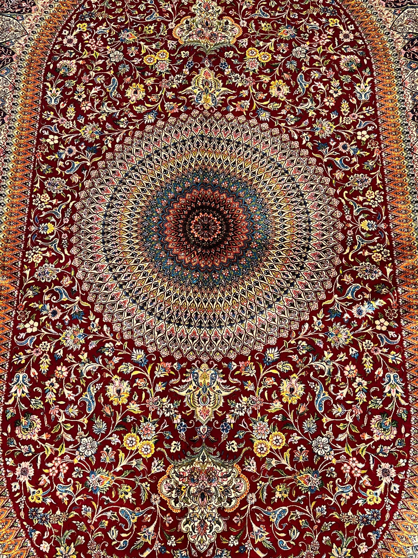 7x10 ft Red Silk Rug – Burgundy, Gold & Ivory Floral Medallion Area Rug, Ornate Luxury Statement Design