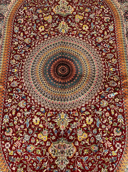 7x10 ft Red Silk Rug – Burgundy, Gold & Ivory Floral Medallion Area Rug, Ornate Luxury Statement Design