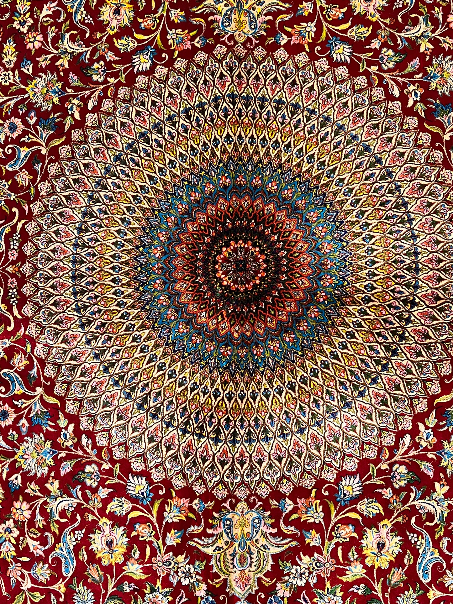 7x10 ft Red Silk Rug – Burgundy, Gold & Ivory Floral Medallion Area Rug, Ornate Luxury Statement Design