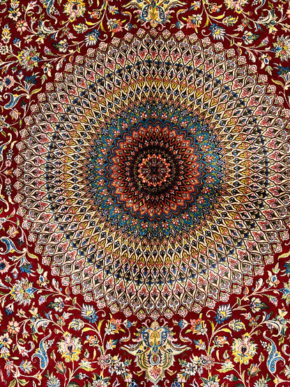7x10 ft Red Silk Rug – Burgundy, Gold & Ivory Floral Medallion Area Rug, Ornate Luxury Statement Design