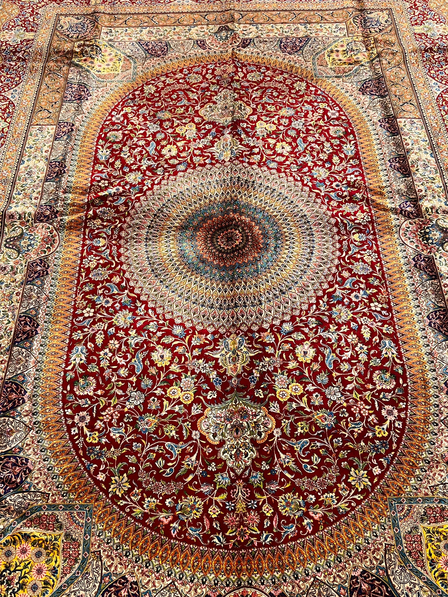 7x10 ft Red Silk Rug – Burgundy, Gold & Ivory Floral Medallion Area Rug, Ornate Luxury Statement Design