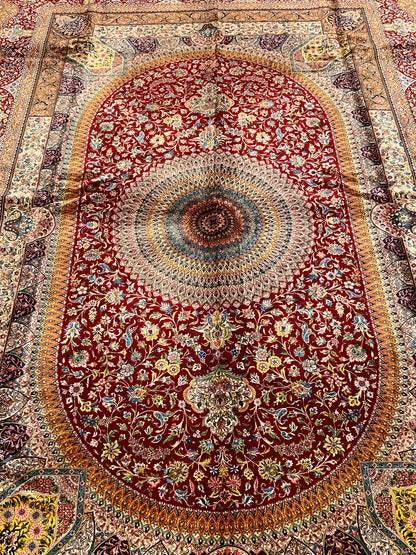 7x10 ft Red Silk Rug – Burgundy, Gold & Ivory Floral Medallion Area Rug, Ornate Luxury Statement Design