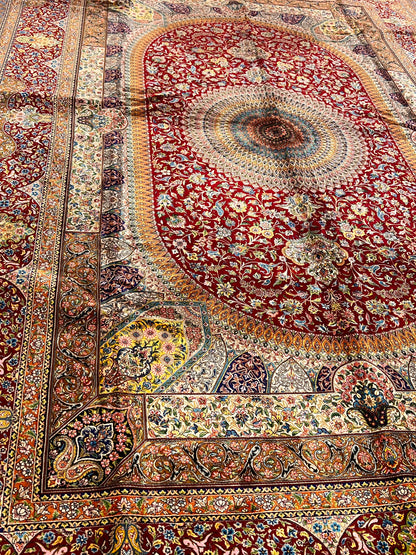 7x10 ft Red Silk Rug – Burgundy, Gold & Ivory Floral Medallion Area Rug, Ornate Luxury Statement Design