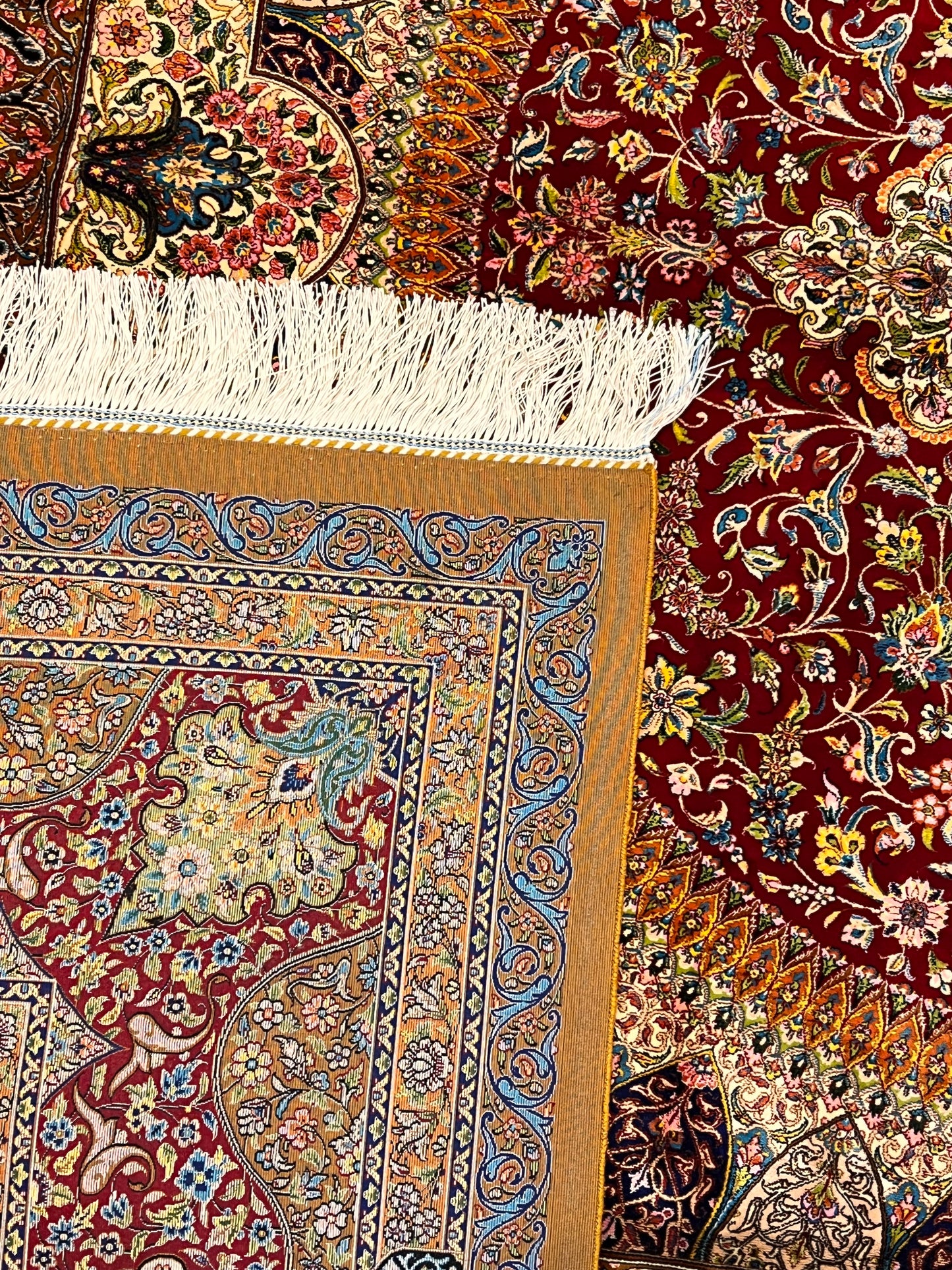 7x10 ft Red Silk Rug – Burgundy, Gold & Ivory Floral Medallion Area Rug, Ornate Luxury Statement Design