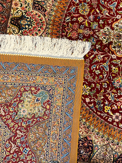 7x10 ft Red Silk Rug – Burgundy, Gold & Ivory Floral Medallion Area Rug, Ornate Luxury Statement Design