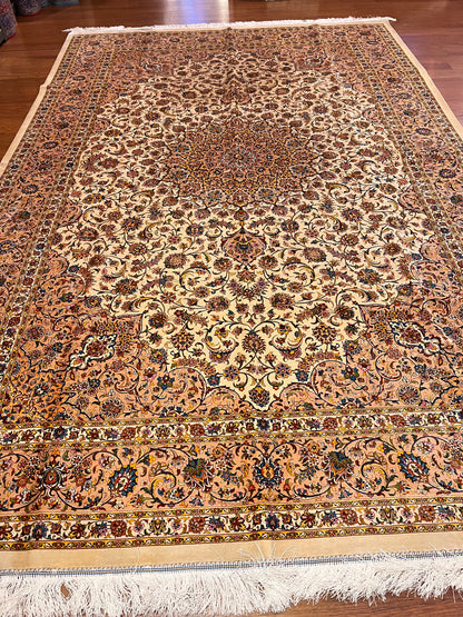 7x10 ft  Silk Rug – Ivory & Peach Floral Medallion Area Rug, Elegant Traditional Design