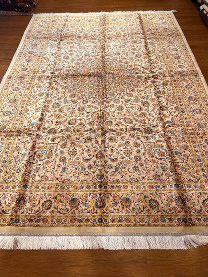 7x10 ft  Silk Rug – Ivory & Peach Floral Medallion Area Rug, Elegant Traditional Design