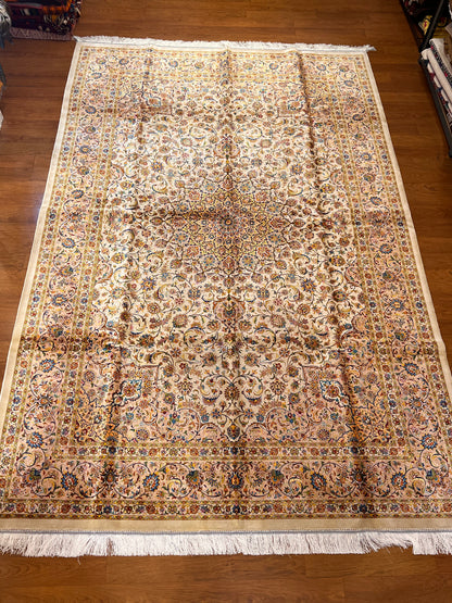 7x10 ft  Silk Rug – Ivory & Peach Floral Medallion Area Rug, Elegant Traditional Design