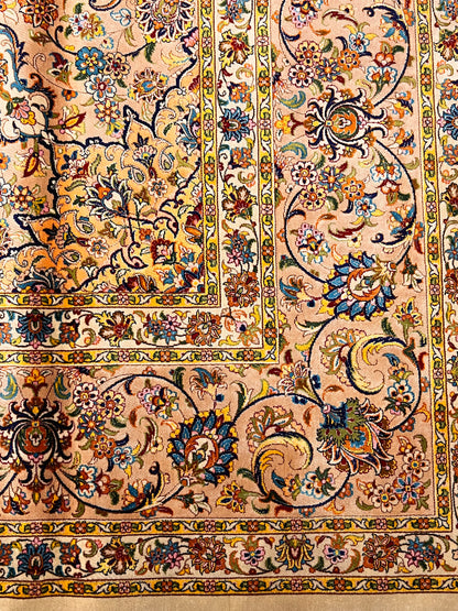 7x10 ft  Silk Rug – Ivory & Peach Floral Medallion Area Rug, Elegant Traditional Design