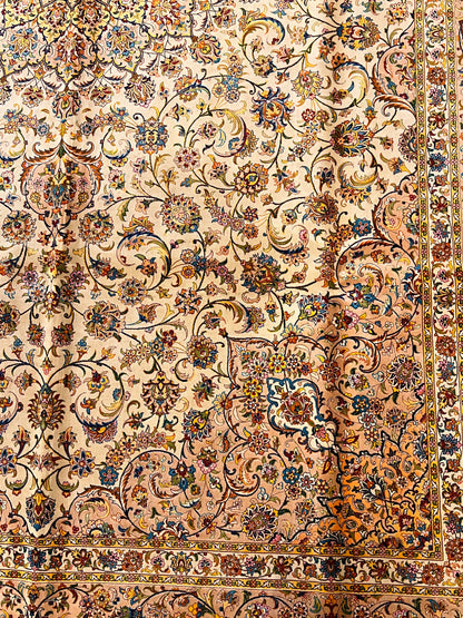 7x10 ft  Silk Rug – Ivory & Peach Floral Medallion Area Rug, Elegant Traditional Design