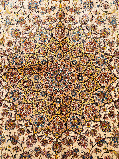 7x10 ft  Silk Rug – Ivory & Peach Floral Medallion Area Rug, Elegant Traditional Design