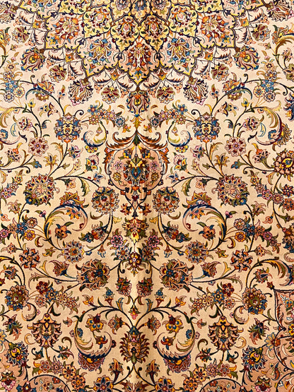 7x10 ft  Silk Rug – Ivory & Peach Floral Medallion Area Rug, Elegant Traditional Design