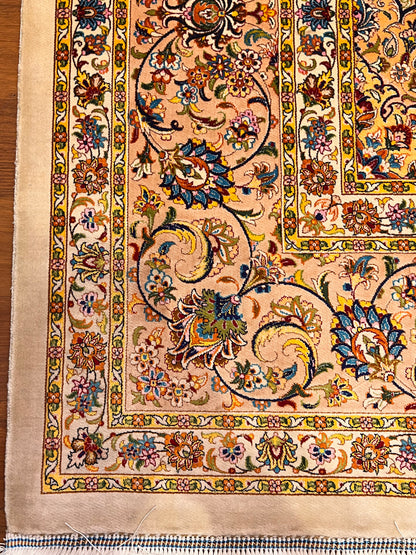 7x10 ft  Silk Rug – Ivory & Peach Floral Medallion Area Rug, Elegant Traditional Design