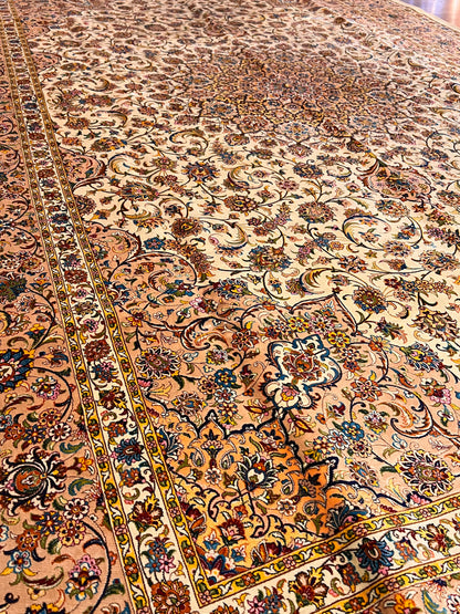7x10 ft  Silk Rug – Ivory & Peach Floral Medallion Area Rug, Elegant Traditional Design