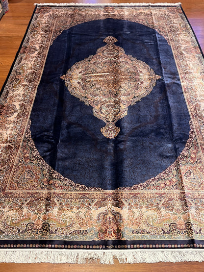 7x10 ft Bamboo Silk Rug – Navy Blue & Beige Medallion Area Rug, Elegant Traditional Floral Design