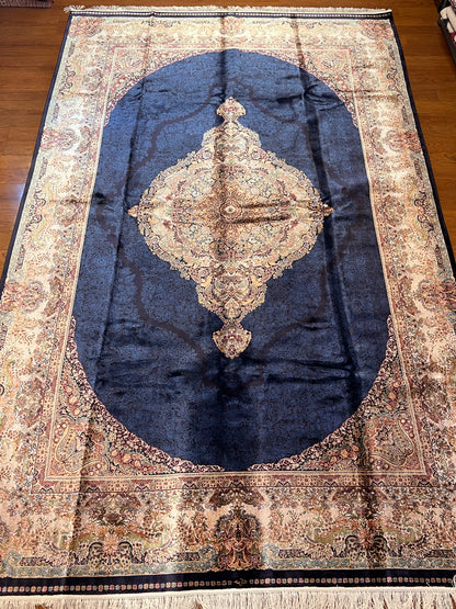 7x10 ft Bamboo Silk Rug – Navy Blue & Beige Medallion Area Rug, Elegant Traditional Floral Design