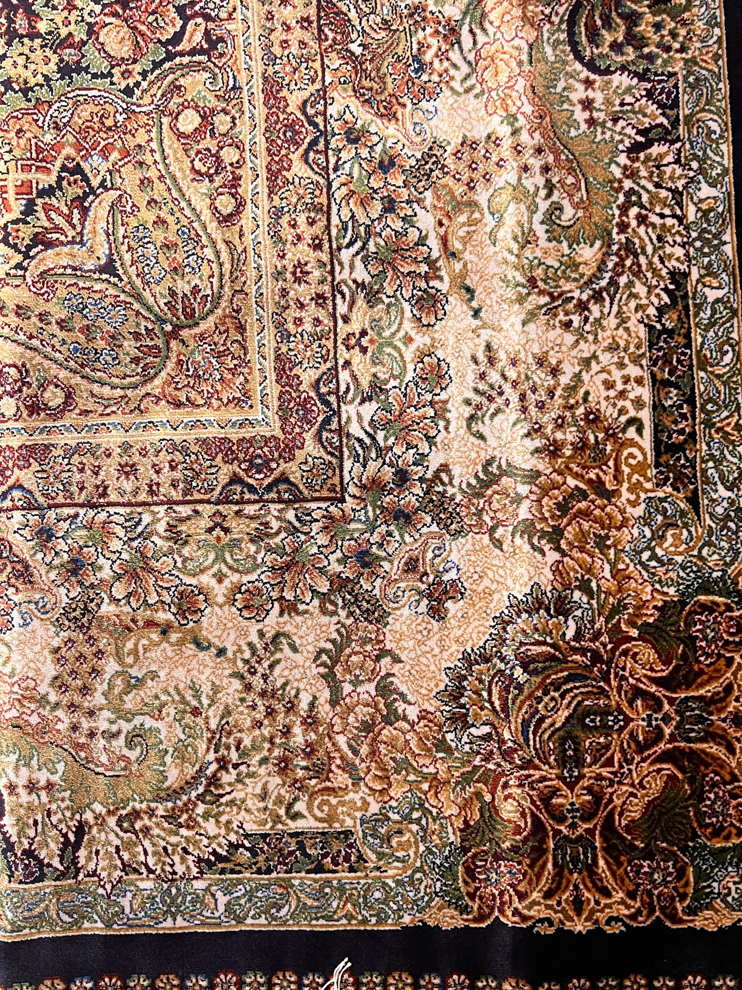 7x10 ft Bamboo Silk Rug – Navy Blue & Beige Medallion Area Rug, Elegant Traditional Floral Design