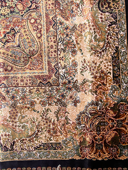 7x10 ft Bamboo Silk Rug – Navy Blue & Beige Medallion Area Rug, Elegant Traditional Floral Design