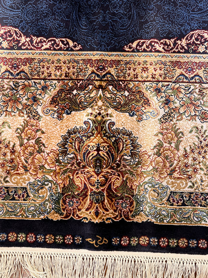 7x10 ft Bamboo Silk Rug – Navy Blue & Beige Medallion Area Rug, Elegant Traditional Floral Design