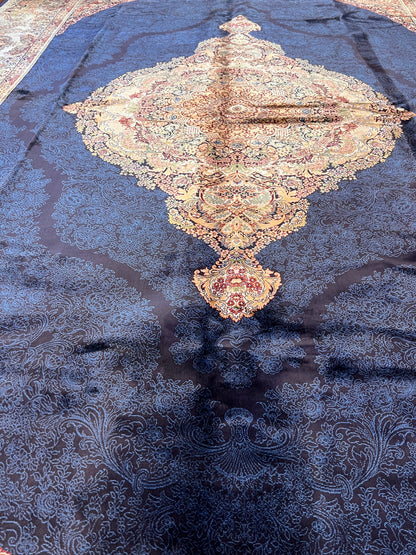 7x10 ft Bamboo Silk Rug – Navy Blue & Beige Medallion Area Rug, Elegant Traditional Floral Design