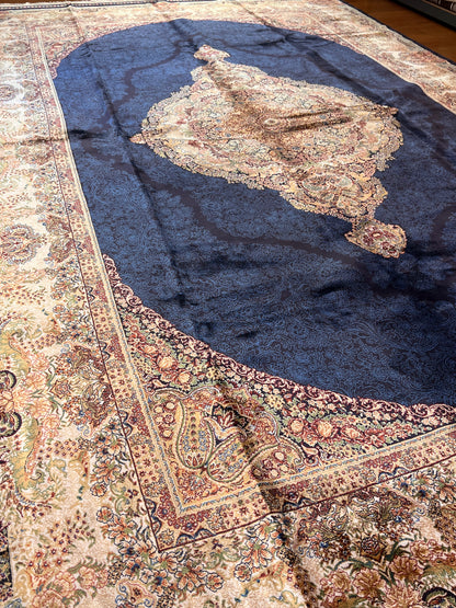 7x10 ft Bamboo Silk Rug – Navy Blue & Beige Medallion Area Rug, Elegant Traditional Floral Design