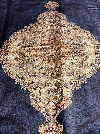 7x10 ft Bamboo Silk Rug – Navy Blue & Beige Medallion Area Rug, Elegant Traditional Floral Design