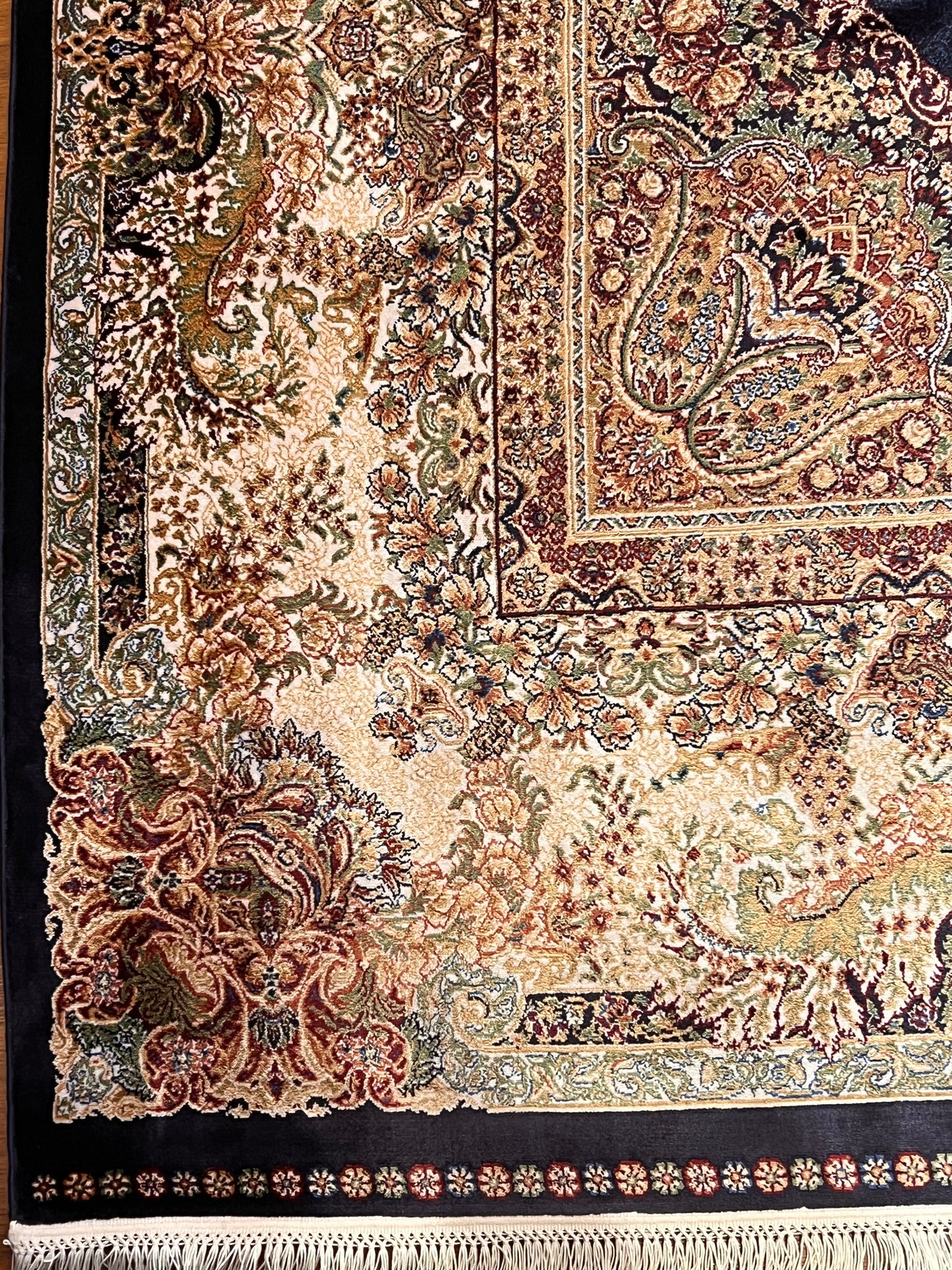 7x10 ft Bamboo Silk Rug – Navy Blue & Beige Medallion Area Rug, Elegant Traditional Floral Design