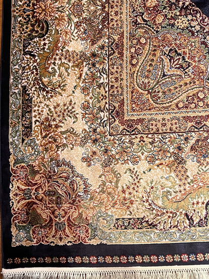 7x10 ft Bamboo Silk Rug – Navy Blue & Beige Medallion Area Rug, Elegant Traditional Floral Design