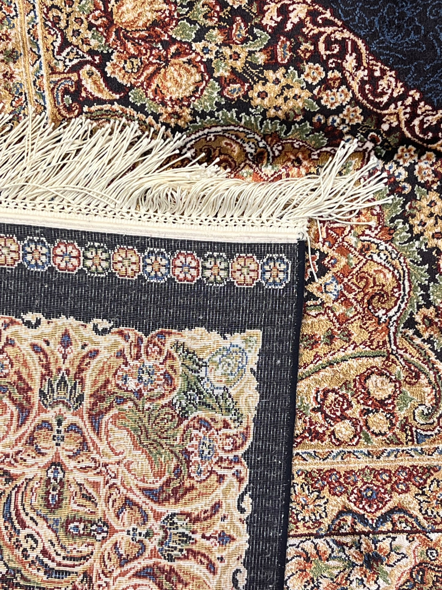 7x10 ft Bamboo Silk Rug – Navy Blue & Beige Medallion Area Rug, Elegant Traditional Floral Design