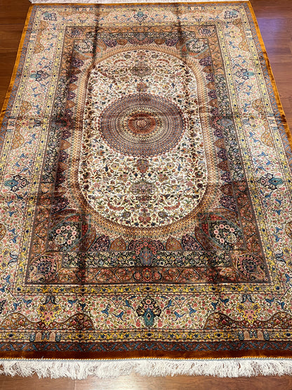 7×10 ft Silk Rug – Ivory, Gold & Multicolor Ornate Medallion Area Rug, Luxury Traditional Turkish Design