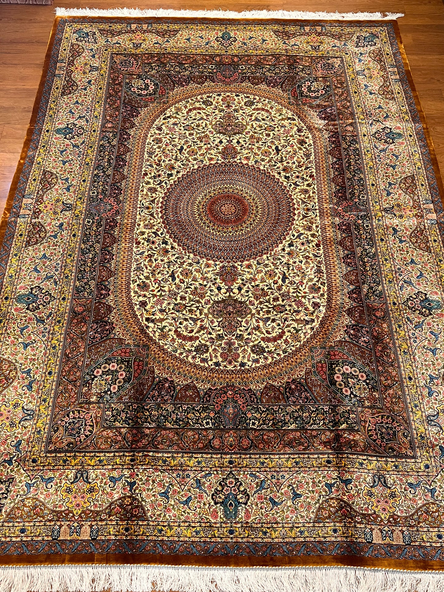 7×10 ft Silk Rug – Ivory, Gold & Multicolor Ornate Medallion Area Rug, Luxury Traditional Turkish Design