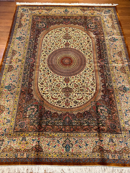 7×10 ft Silk Rug – Ivory, Gold & Multicolor Ornate Medallion Area Rug, Luxury Traditional Turkish Design
