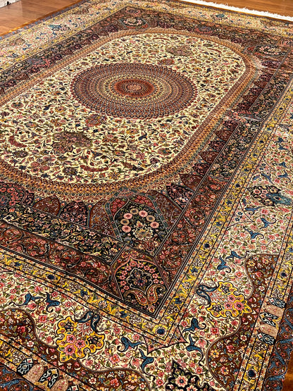 7×10 ft Silk Rug – Ivory, Gold & Multicolor Ornate Medallion Area Rug, Luxury Traditional Turkish Design