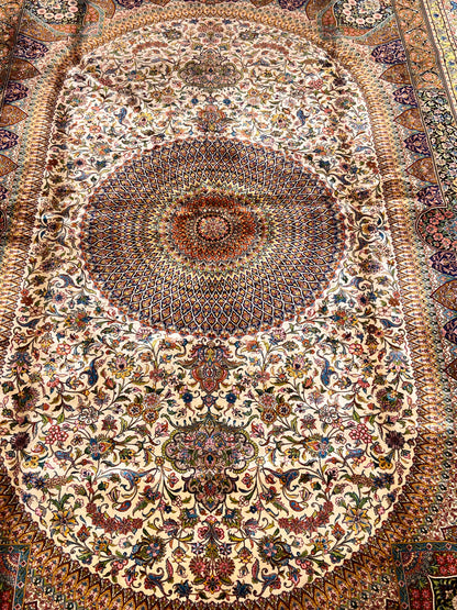 7×10 ft Silk Rug – Ivory, Gold & Multicolor Ornate Medallion Area Rug, Luxury Traditional Turkish Design
