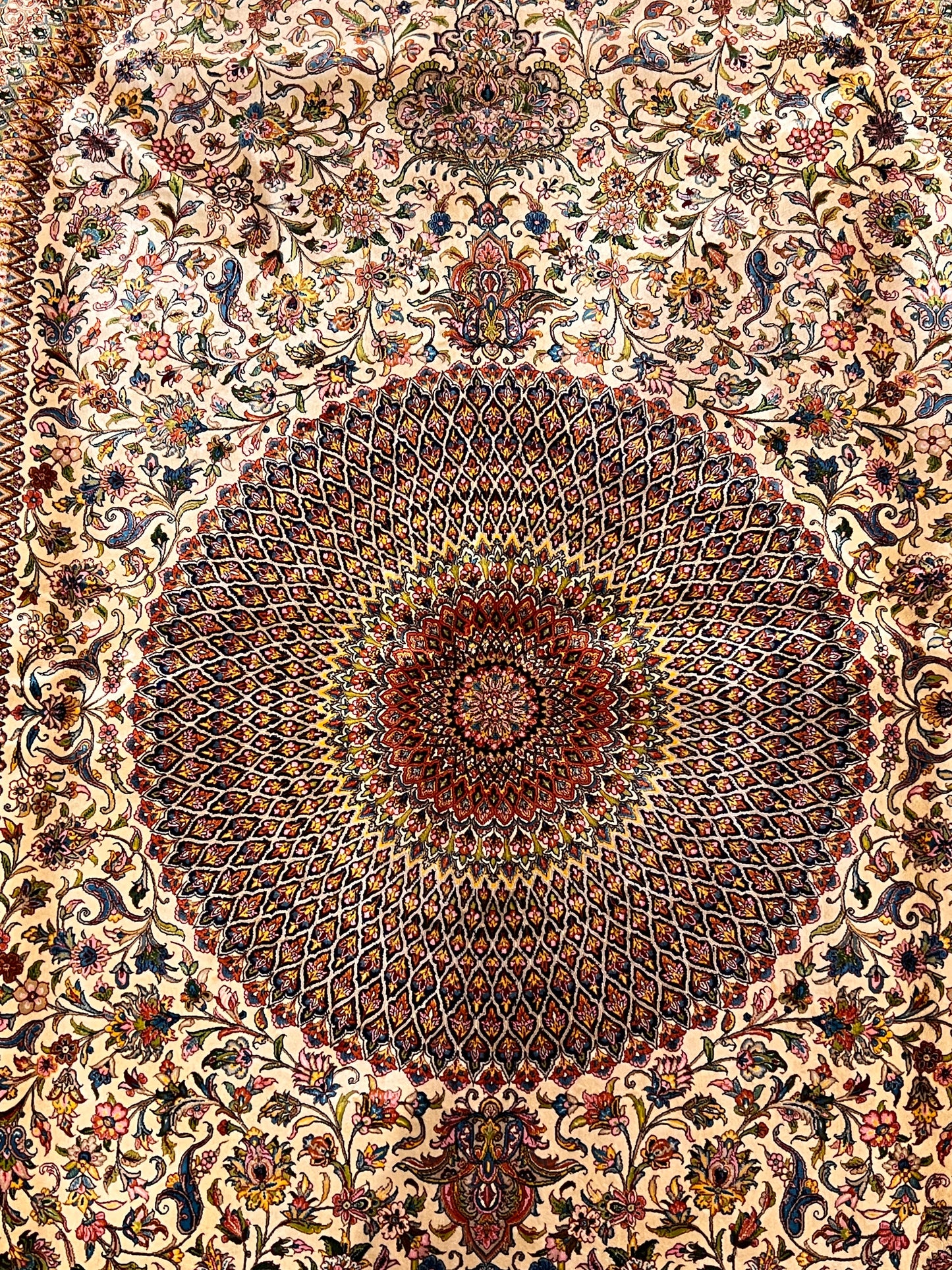 7×10 ft Silk Rug – Ivory, Gold & Multicolor Ornate Medallion Area Rug, Luxury Traditional Turkish Design
